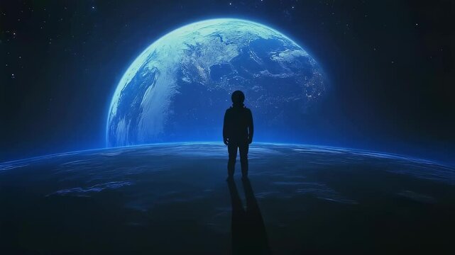 Silhouetted astronaut walking on desolate extraterrestrial landscape with distant earth glowing against dark cosmic background, representing interplanetary exploration and scientific discovery
