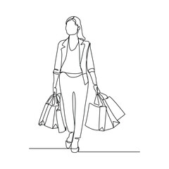 Continuous singe one line drawing art of happiness woman holding paper shopping bags. Vector illustration of shopper big sale consumerism sketch editable stroke