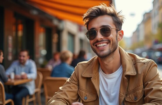 Attractive hipster man smiles in city cafe. Outdoor portrait with sunglasses, fashionable jacket. Man sits at table in European cafe. Smiling, happy, relaxed, casual attire on holiday, urban
