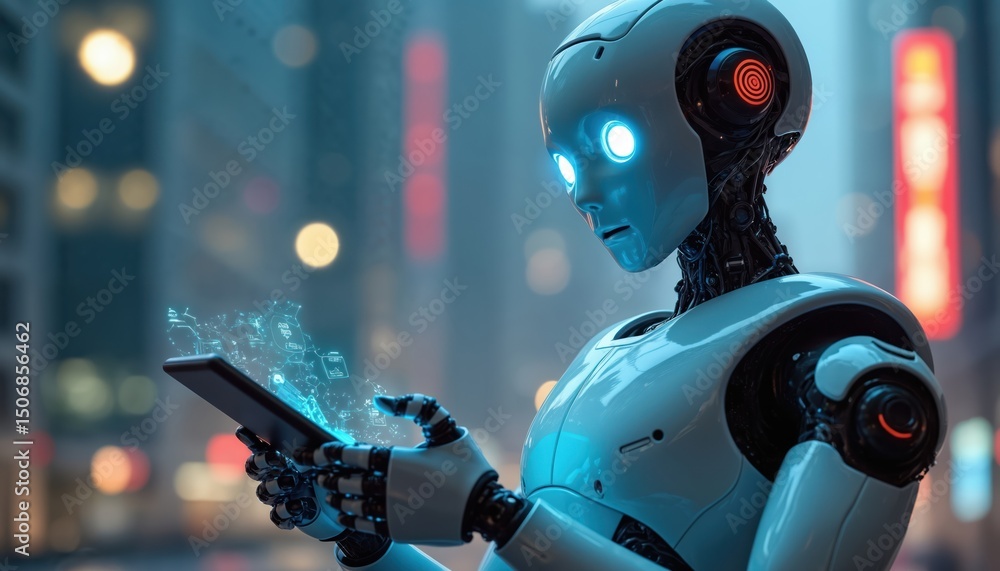 Aufkleber Futuristic robot interacts with a smart device, showcasing advanced AI tech. Holographic interface, seamless integration for user queries, future of customer service.