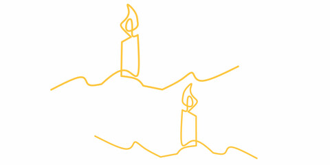 Minimalist one line art of two burning candles on an abstract hill, drawn in warm yellow. A simple and elegant design that symbolizes peace, reflection, warmth, or celebration.
