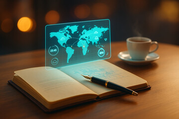 "Leather Travel Journal with Holographic World Map | 8K HDR Scene for Tourism Apps with Ample Copy Space"