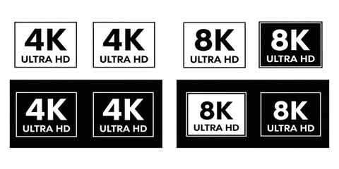 Obraz premium 4K and 8K Ultra HD Resolution Logos | Black and White Icon Set for Display Technology and High Definition Marketing Materials