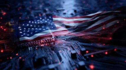 American Flag on Microchip Circuit Board - Powered by Adobe