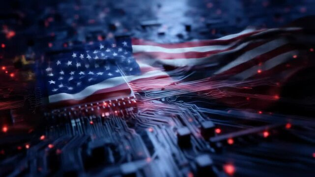American Flag on Microchip Circuit Board - Powered by Adobe