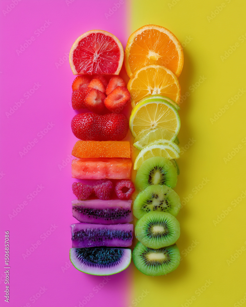 Poster a colorful display of fruit slices arranged in a rainbow pattern. concept of freshness and vibrancy,