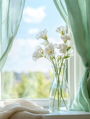 Serene Still Life: White Flowers in Vase by Window with Flowing Curtains - A Floral Bouquet of Freshness and Light for Home Decor Inspiration