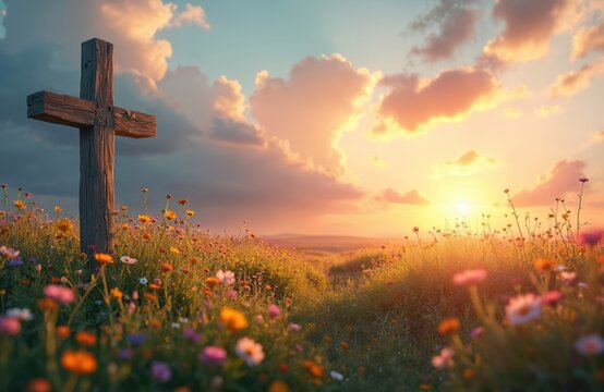 Wooden Christian cross stands field flowers sunrise. Jesus Christ resurrection, Easter morning, Good Friday. Religious symbol of peace and hope. Spring season landscape with heaven background.