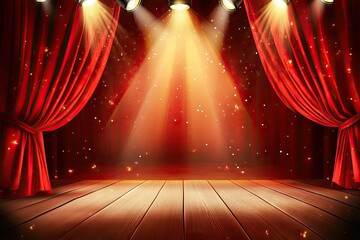 Red stage lit by spotlights