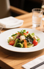A plate of japanese salad mix with tofu, seaweed, cucamber, tomato and various vegetables