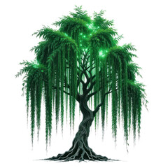 Ancient weeping willow tree, its leaves shimmering with ethereal green bioluminescence, full view, plain png transparent background, fantasy art