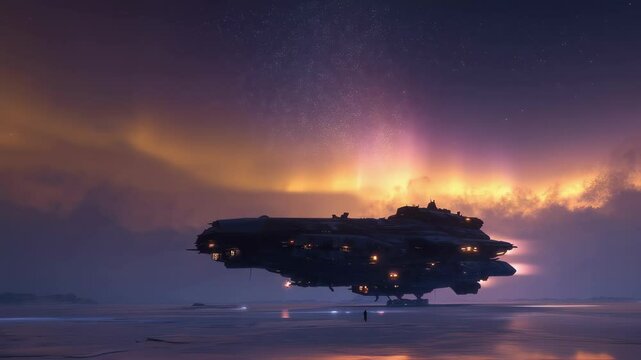 Gigantic spaceship with glowing windows hovering above frozen lake surface on alien planet with astronaut looking up at it, under a beautiful starry night sky with purple and orange aurora borealis