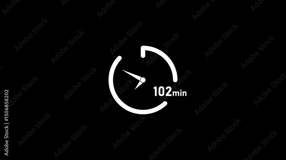 Poster 102 minute timer clock.102 minute clock icon modern design animation isolated on black background.