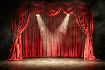 Red velvet theater stage with spotlights and fog