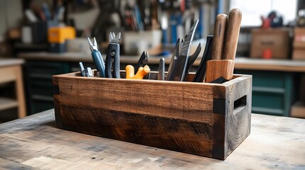 Handcrafted wooden holder for craft tools on a workshop table
