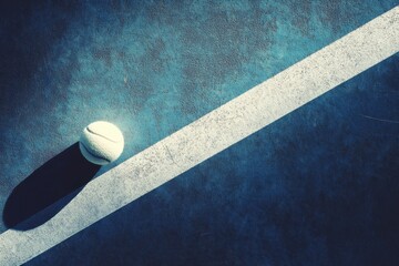 Single Vintage Tennis Sphere on Blue Court with Diagonal Line and Soft Shadow Casting Light from the Right