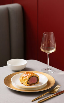 A plate of beef wellington with gold cutery and a glass of white wine.