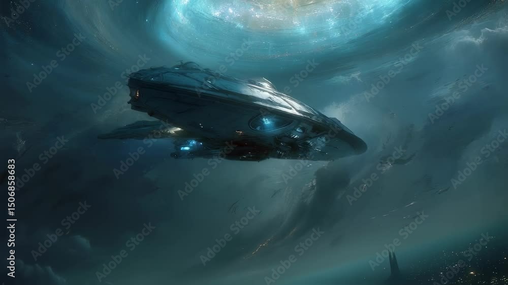 Aufkleber large futuristic spaceship navigating towards massive wormhole, surrounded by other spacecraft drift