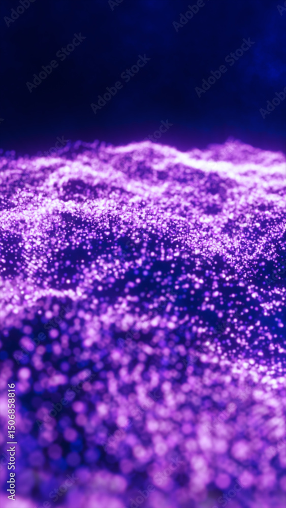 Poster a mesmerizing field of tiny glowing purple particles forming a wave-like structure, representing ene
