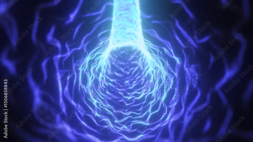 Poster bright glowing blue electric tunnel with dynamic wireframe lines and neon energy pulses, simulating 