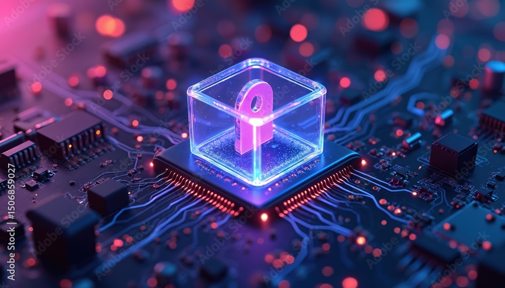 Aufkleber AI-powered cybersecurity concept. Digital lock inside glass cube on circuit board. Cyber security training platforms, personalized programs based on individual risk, behavior analysis. Digital