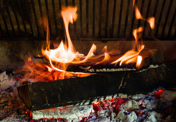 Fire in a fireplace with logs and flames, Wood in the flames 