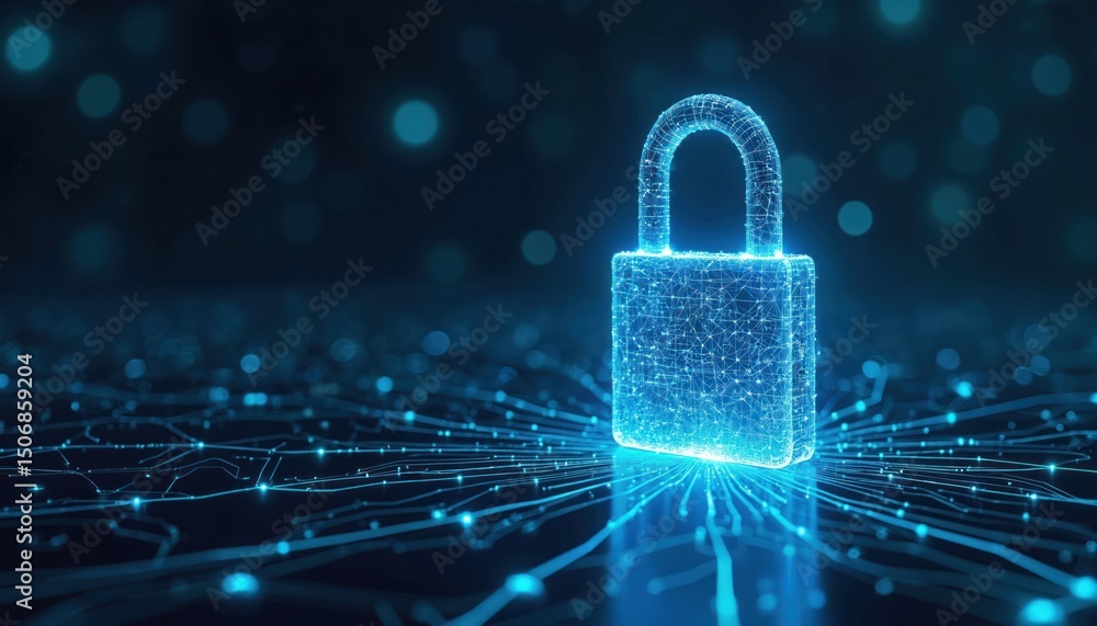Poster Digital padlock, representing cyber security technology save data. Glowing lines, dots create secure network. Protects information, access, online privacy. Business data protection concept. Secure