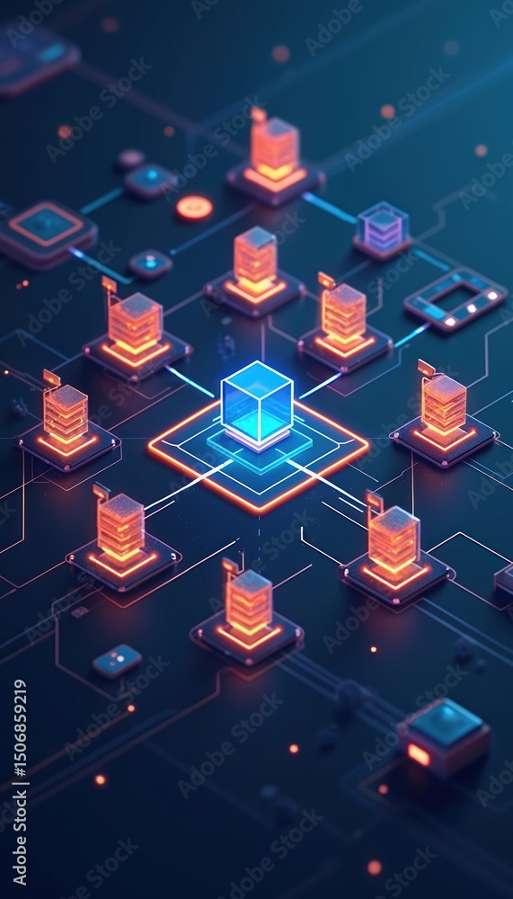 Poster Illustration business process automation with organizational chart, hierarchy, workflow concept. Data flow, server, network, digital transformation, internet tech, cloud storage, cyber security.