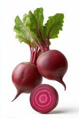 Three fresh beetroots floating in mid-air, one of the beets is sliced