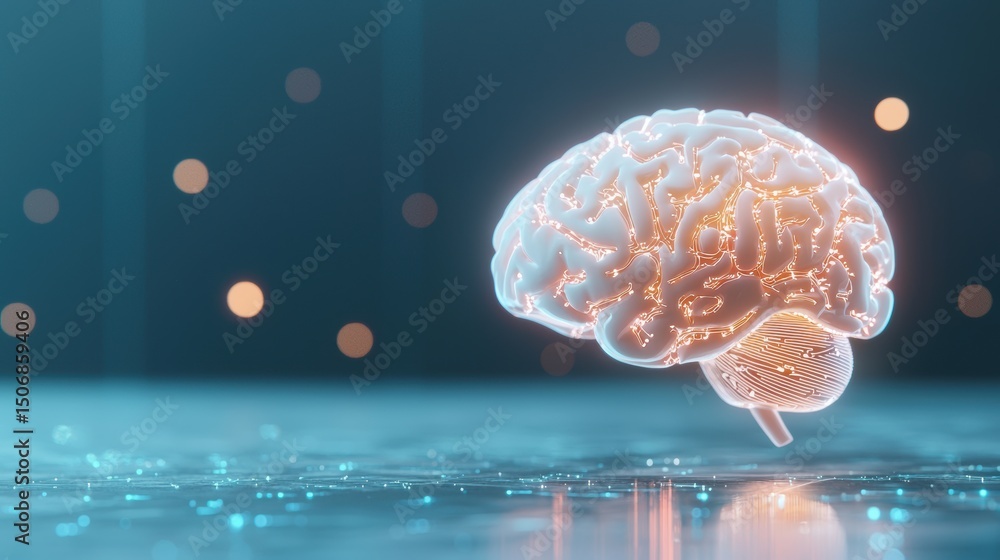 Poster brain cybernetic brain concept with futuristic glowing elements and data links.