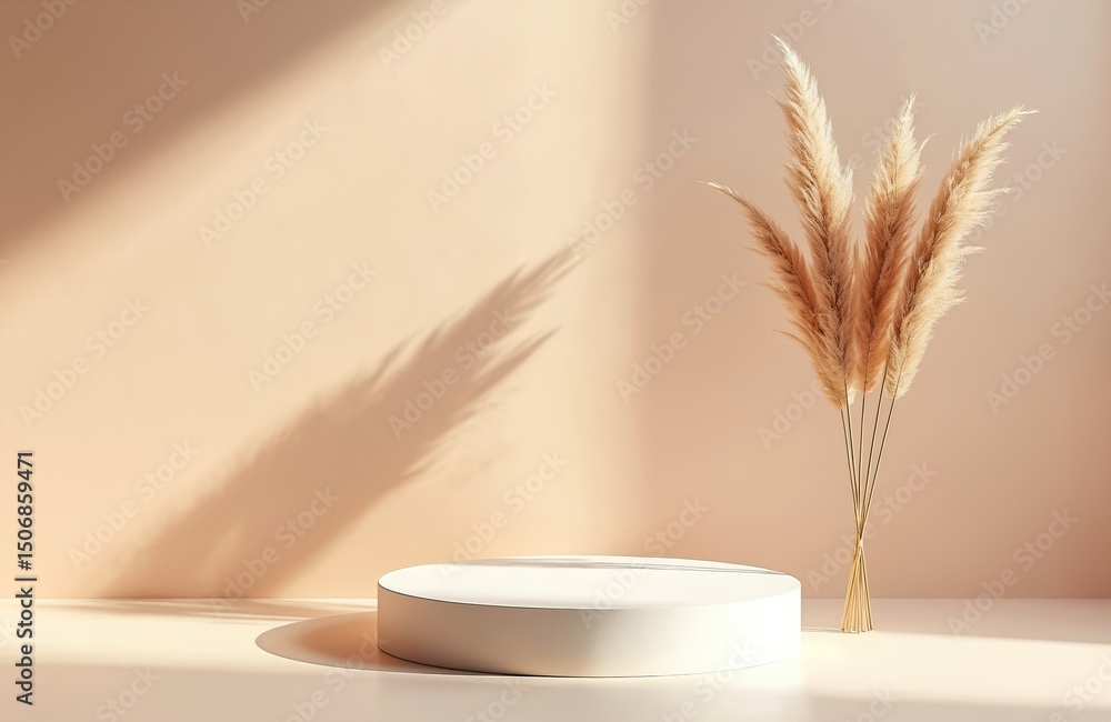 Poster Minimalist podium cosmetic product presentation with pampas grass. Abstract minimal geometrical form, soft shadow for showcase. Ideal empty scene for product display case. Flat lay style, top view.