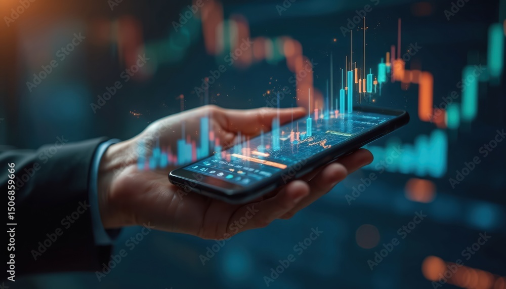 Aufkleber Trader hand holds smartphone stock market graph chart on dark background. Technical investment analysis concept. Finance tech trading. Digital marketing data, business strategy, financial planning,