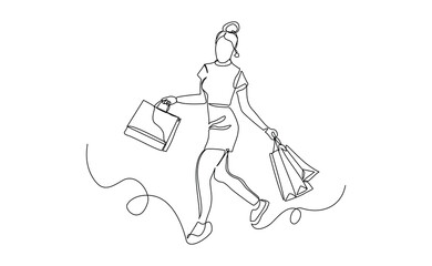 Continuous singe one line drawing art of happiness woman holding paper shopping bags. Vector illustration of shopper big sale consumerism sketch editable stroke