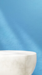3D rendered minimal scene featuring a white marble pedestal and cylinder podium on a pastel blue background. Ideal for product presentation, cosmetic display, or branding mockup with clean