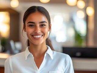 Radiant Joy: A Portrait of a Smiling Woman, Exuding Confidence and Beauty in a Captivating Close-Up, Showcasing a Positive and Cheerful Demeanor