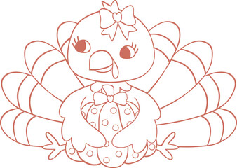 Thanksgiving Turkey Coquette Cartoon Outline Illustration