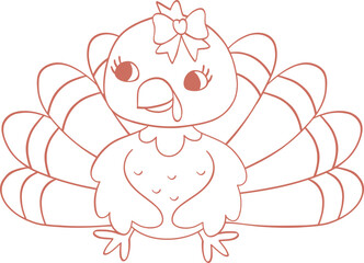 Thanksgiving Turkey Coquette Cartoon Outline Illustration