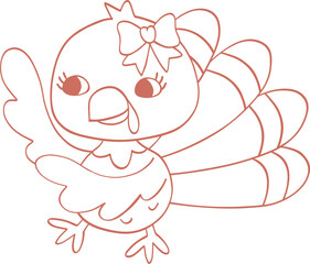 Thanksgiving Turkey Coquette Cartoon Outline Illustration