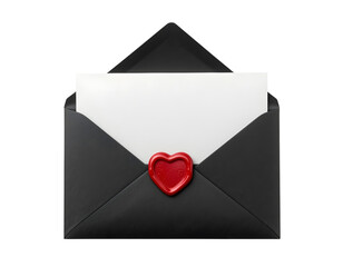 Open black envelope with blank white card and red heart seal, Valentine's Day invitation, Romantic greeting card mockup, isolated on transparent background