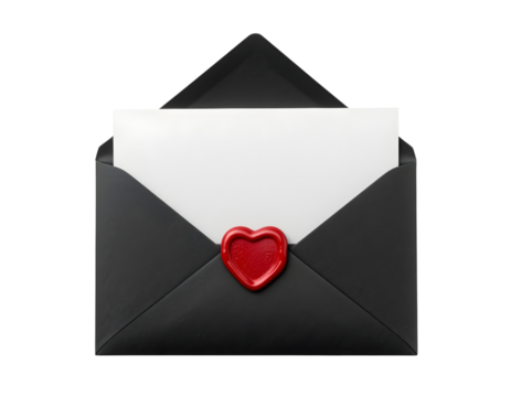 Open black envelope with blank white card and red heart seal, Valentine's Day invitation, Romantic greeting card mockup, isolated on transparent background