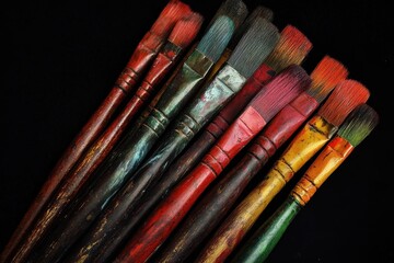 Fototapeta premium Retro Creative: Closeup of Paintbrushes, Palette, and Vibrant Stains for the Vintage Artist