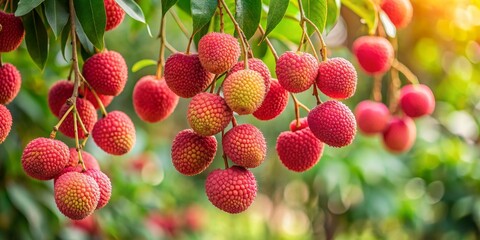 Lychee Orchard Close-up Composition of Ripe Fruit Hanging on Branches, Lit by Sunlight, Lychee, Fruit , Tropical Fruit