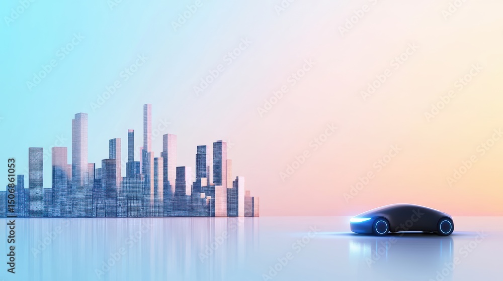 Poster artificial intelligence ai driven autonomous vehicle navigating a futuristic smart city.