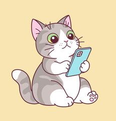 Cartoon gray cat sits and watches something on a mobile phone.