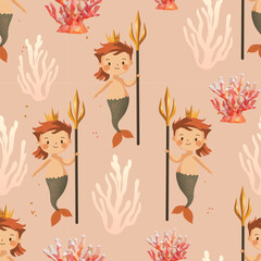 Cute Merman King and Underwater Friends Seamless Pattern. Children’s Ocean Fantasy Pattern with Sea King and Coral

