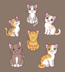 Six cartoon cats on the brown background.