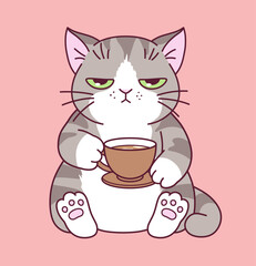 A cute cat with a moody face holds a cup of coffee and a saucer.