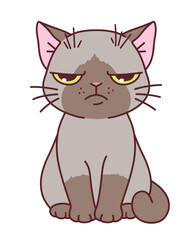 Sitting cartoon moody cat on a white background.