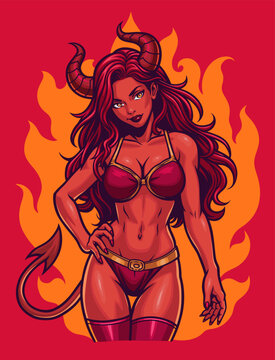 Young beautiful woman in devil suit on a flame background. Vector illustration.