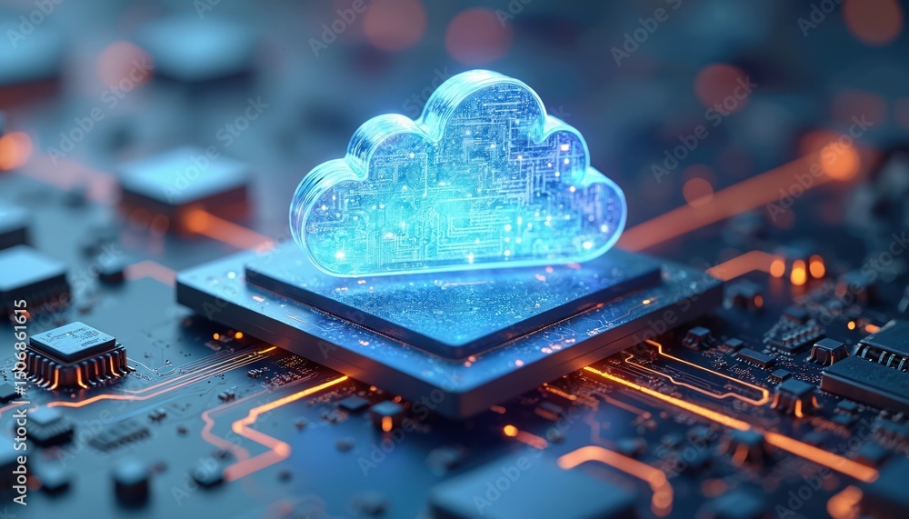 Poster Abstract illustration of cloud computing concept. Digital cloud built on computer circuit board. Technology, software, hardware infrastructure, servers, data processing. IaaS, PaaS, SaaS concept, big